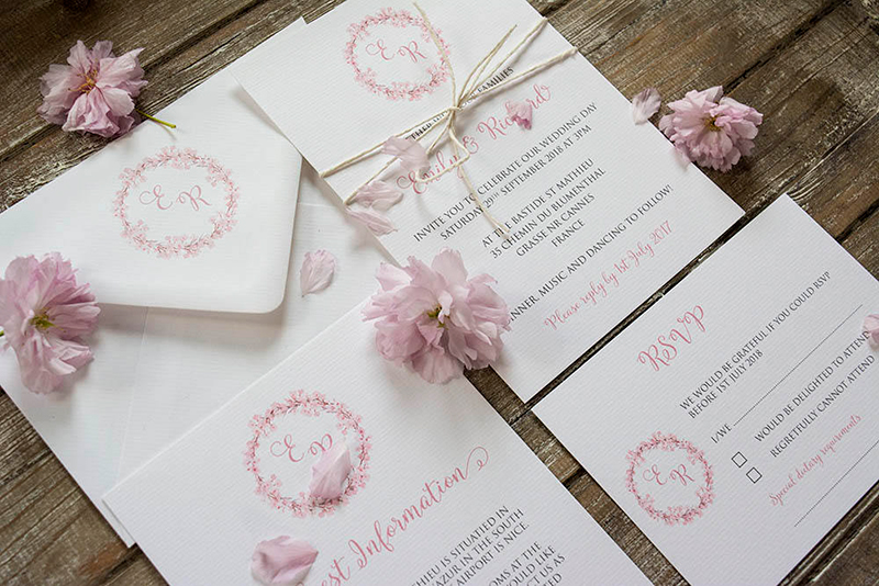 Blossom wreath wedding invitation